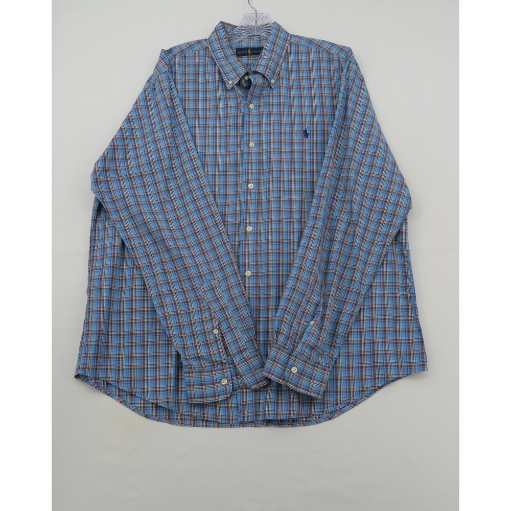 Ralph Lauren Mens XL Blue Plaid Long Sleeve Button Down Shirt Cotton Pony Logo